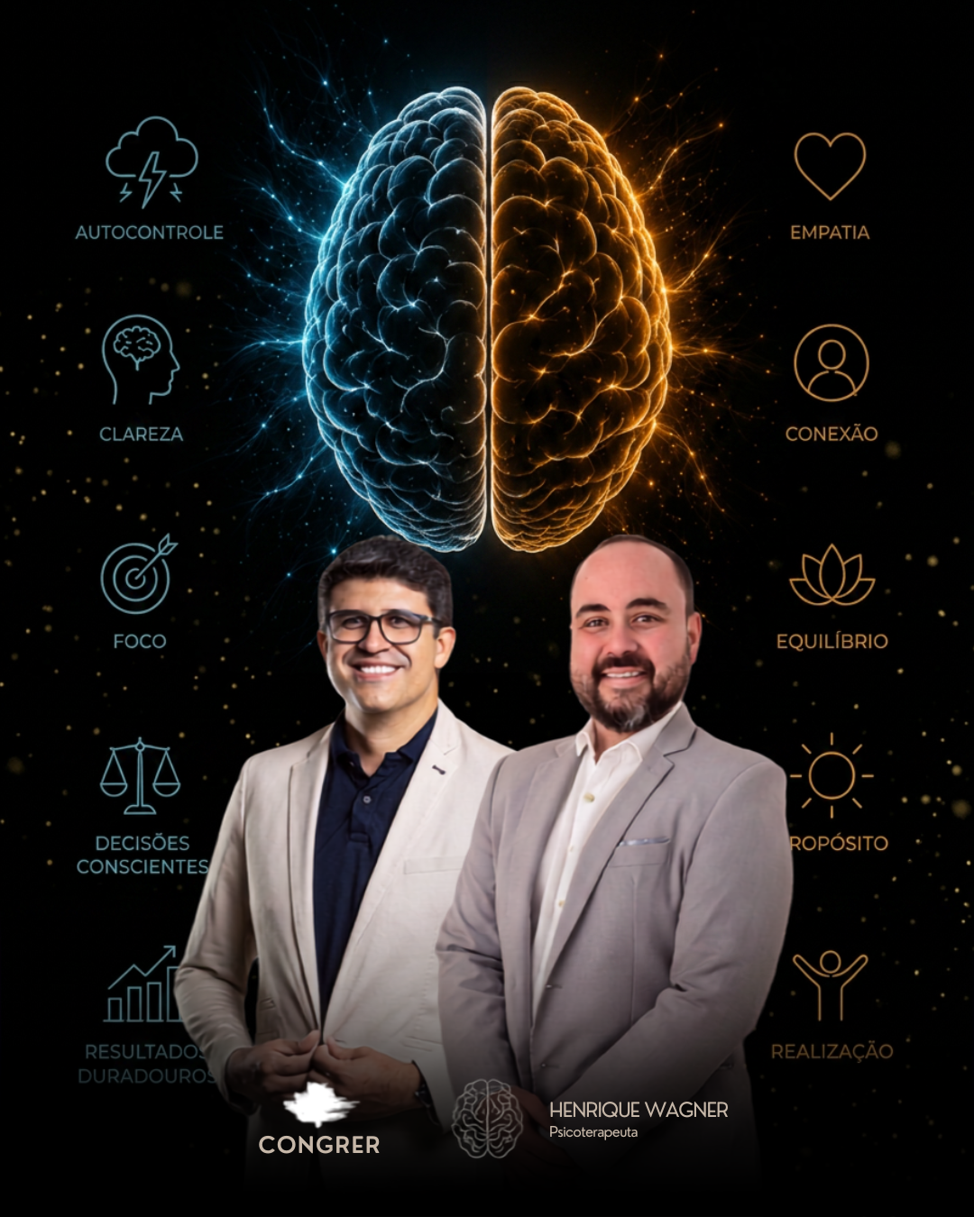 Arte do evento Inteligência Emocional na Prática — 13 e 14 de novembro, WA Hotel, Caruaru-PE, com os facilitadores do treinamento: Carlos Daniel, consultor empresarial e analista de perfil comportalmental e Henrique Wagner, psicoterapeuta